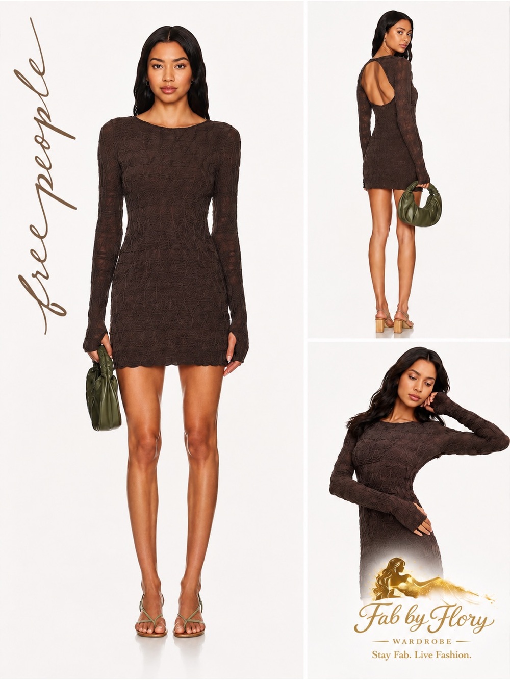 Free People Paulie Mini Dress Long-Sleeve Textured Knit Mini in Brown